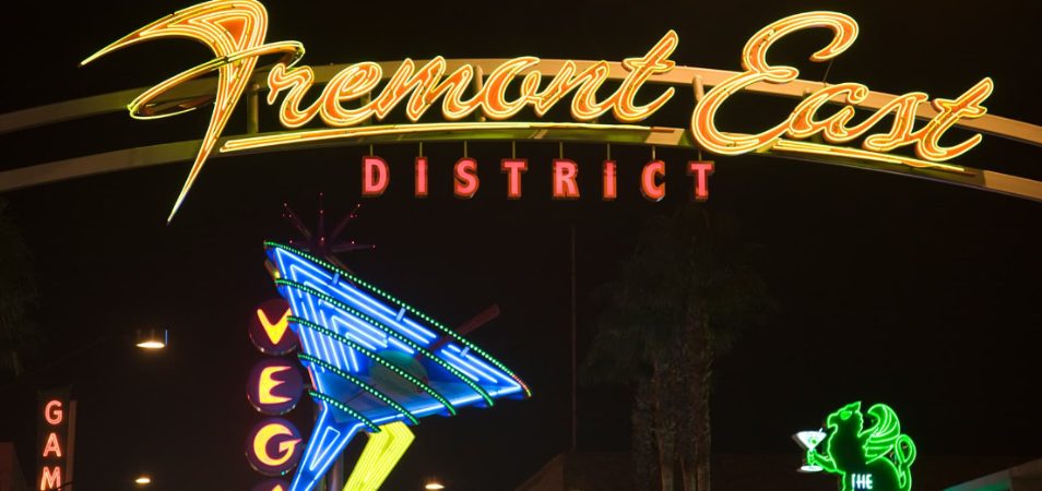 A lit up sign that reads "Fremont East District," in Las Vegas, Nevada.