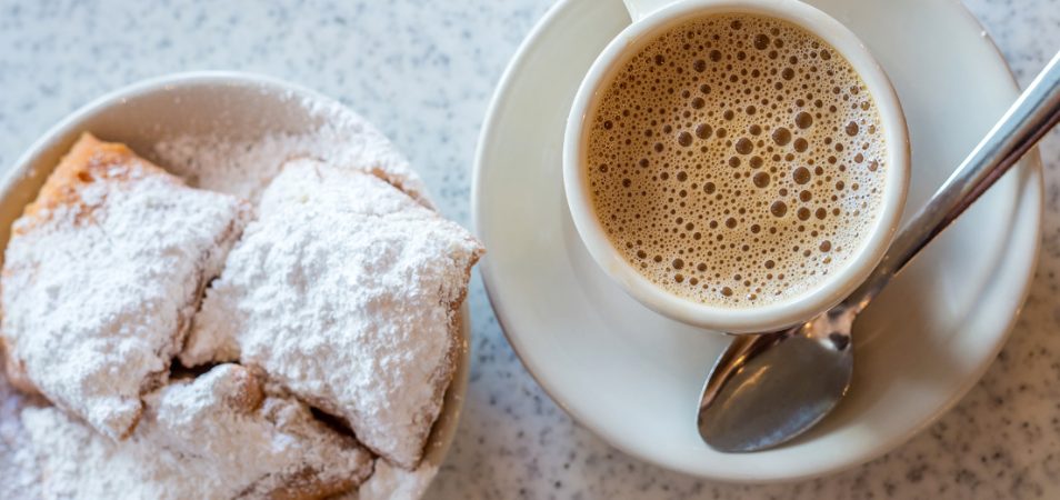 Coffee and beignets at Cafe Du Monde in New Orleans. 