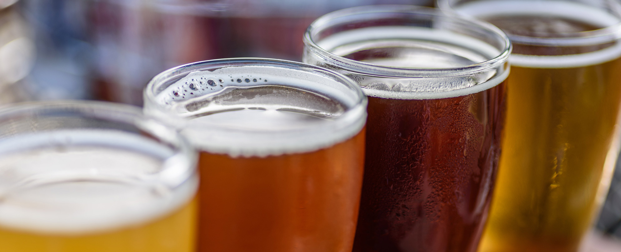 A variety of different beers sits on a tray.