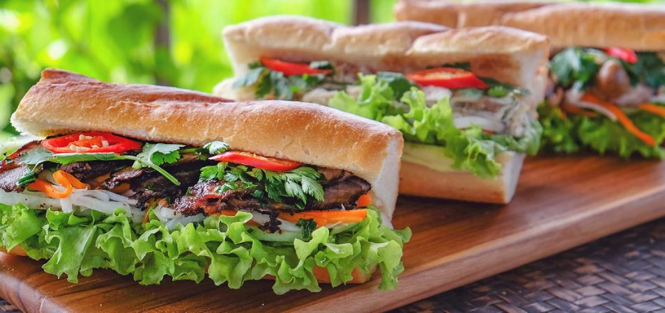 Three submarine sandwiches at Saigon Sandwich, a restaurant in San Francisco, California.