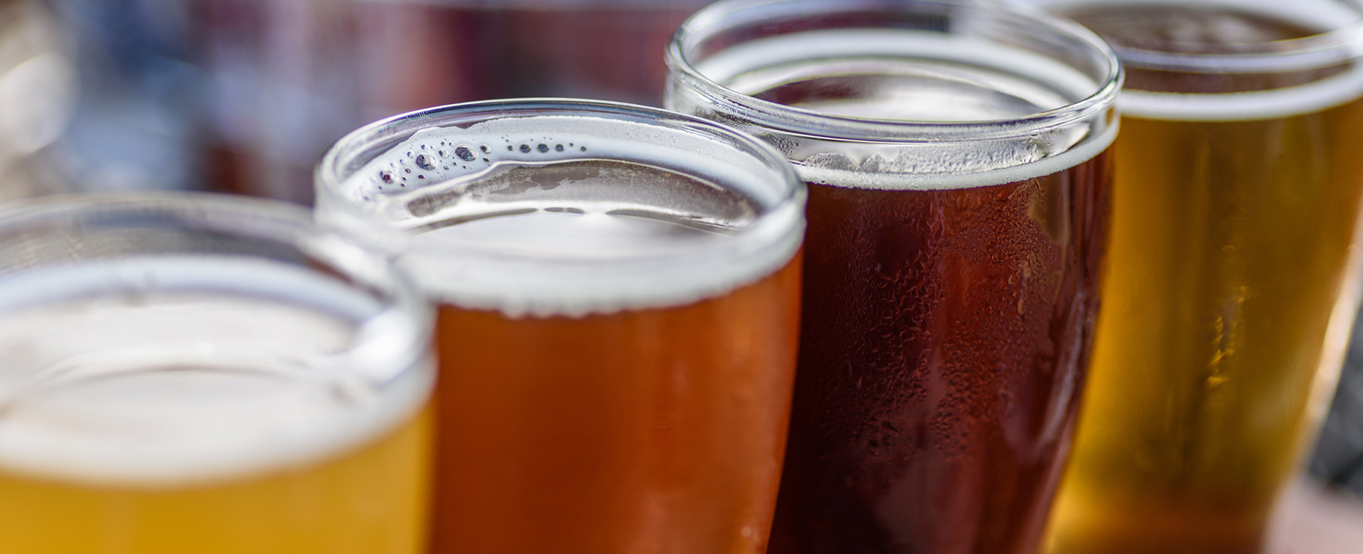 A row of beer glasses filled with various types of beer