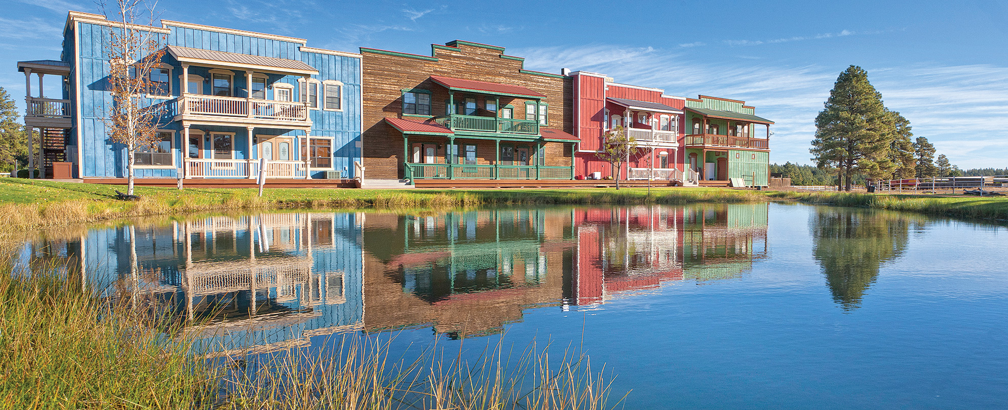 The exterior of the Old West-style Bison Ranch timeshare resort in Hunt, Texas.