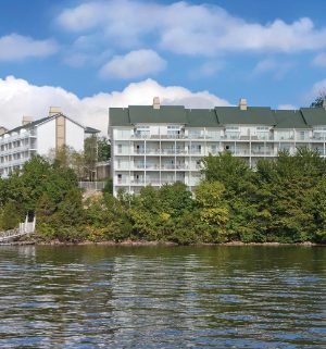 Lake and trees surrounding Worldmark Lake of the Ozarks, a timeshare resort in Osage Beach, Missouri.