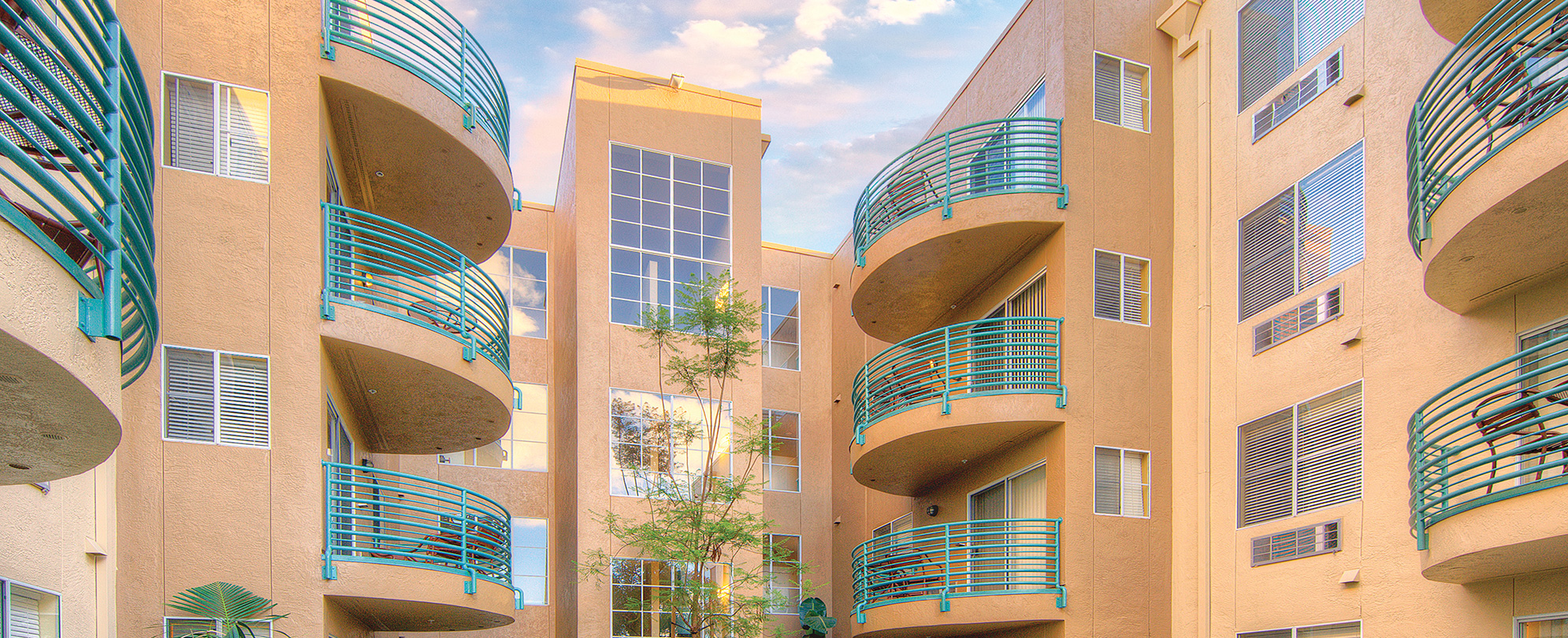 The exterior of the resort balconies at WorldMark Mission Valley in San Diego, California.