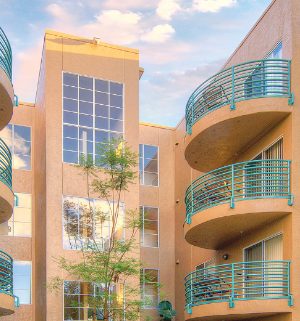 The exterior of the resort balconies at WorldMark Mission Valley in San Diego, California.