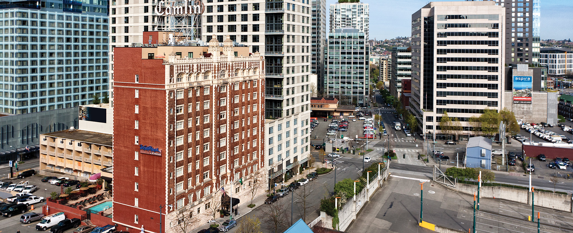 The exterior of WorldMark The Camlin in downtown Seattle, Washington