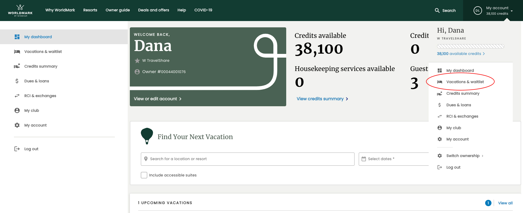 View of "My account" dropdown on the WorldMark owner website with "Vacations & waitlist" circled in red