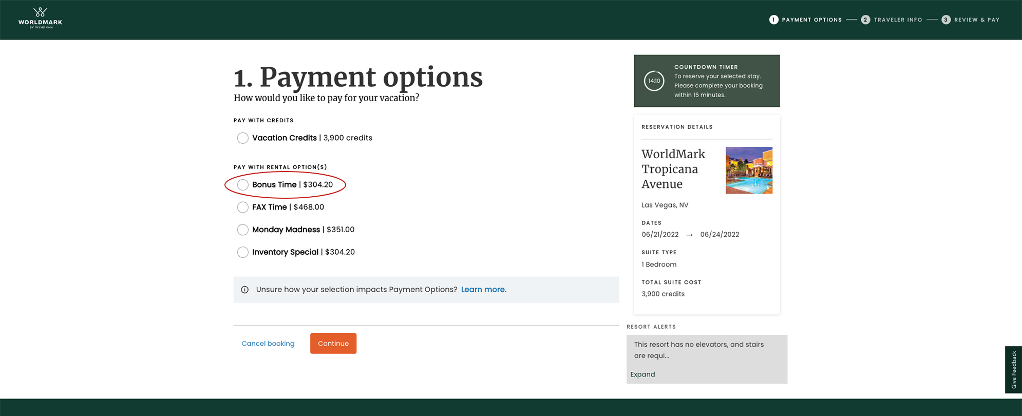 Instructions on how to select Bonus Time, under payment options, when booking with WorldMark by Wyndham.