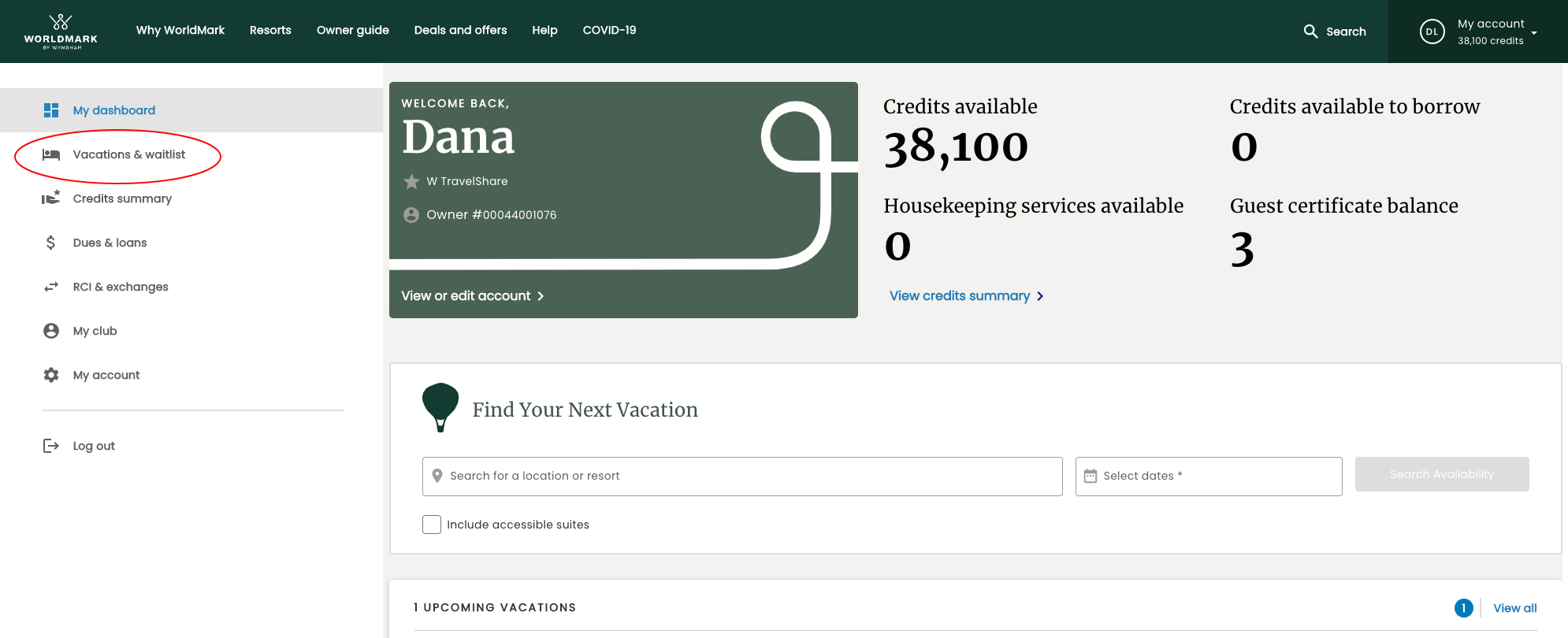 View of dashboard on the WorldMark owner website with "Vacations & waitlist" circled in red
