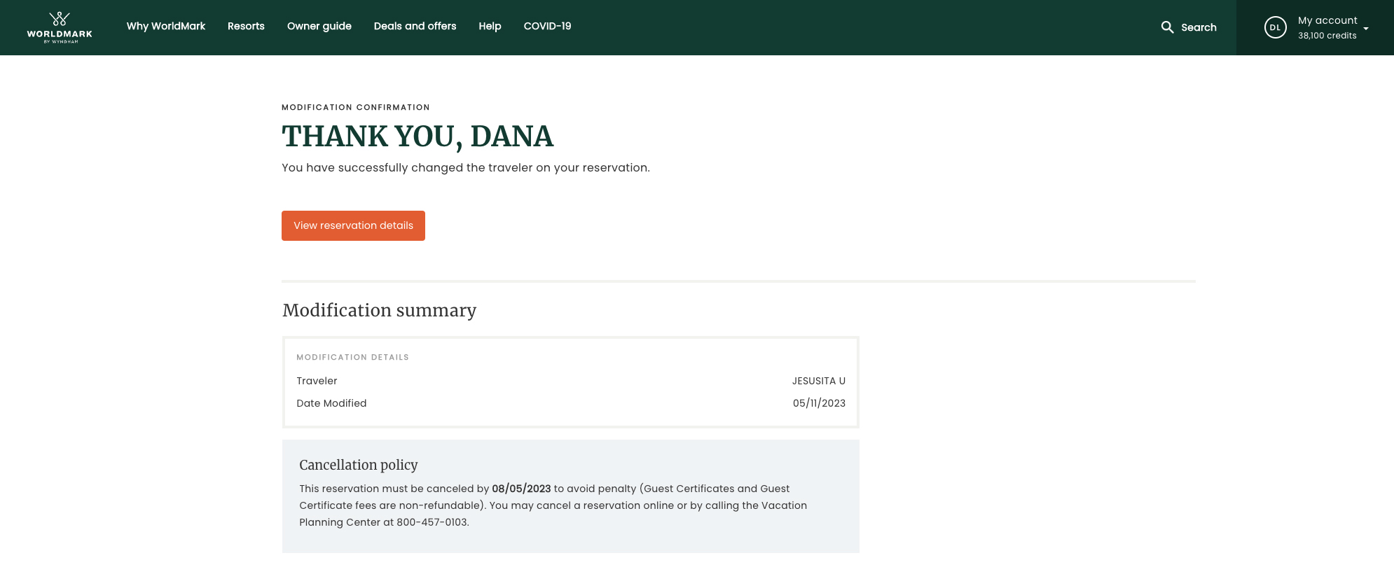 View of reservation confirmation summary page on the WorldMark owner website