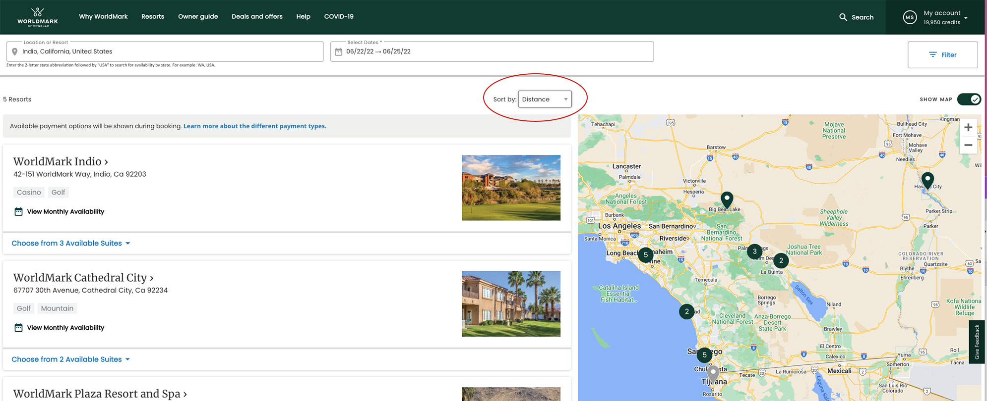 Instructions on how to search for WorldMark by Wyndham resorts distance.