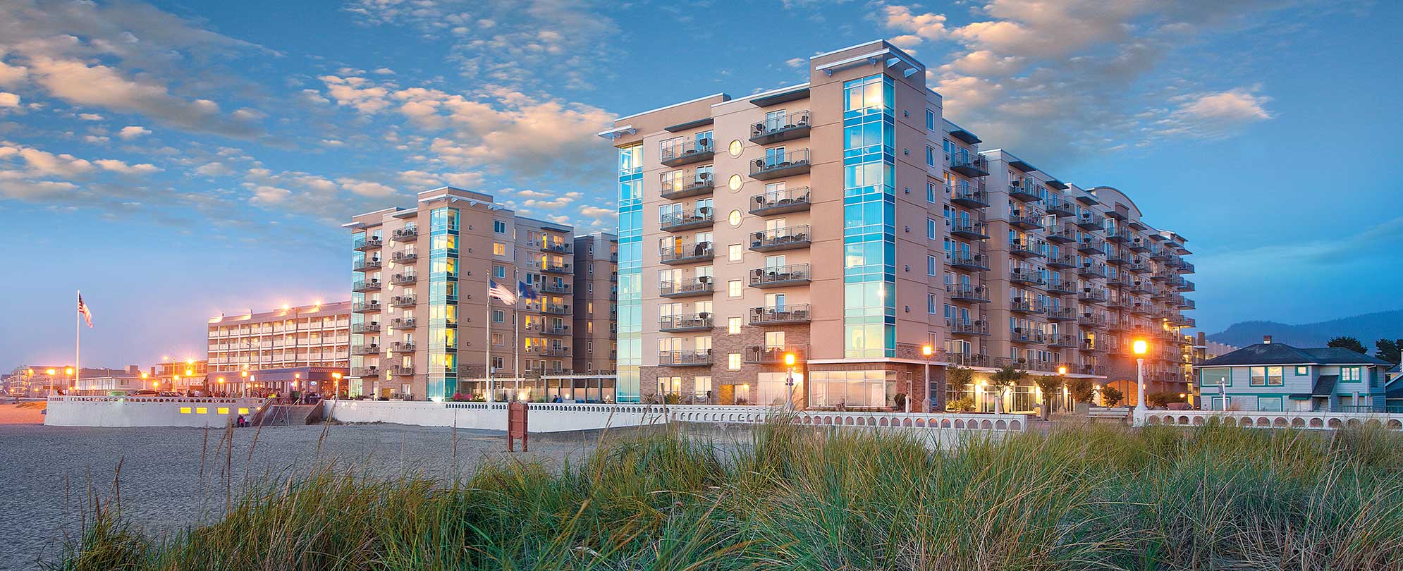 The sand and dunes in front of WorldMark Seaside in Seaside, OR.